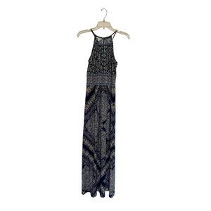London Times Womens Size 4 Sleeveless Maxi Dress Navy Blue Haltered Top Gray Sle